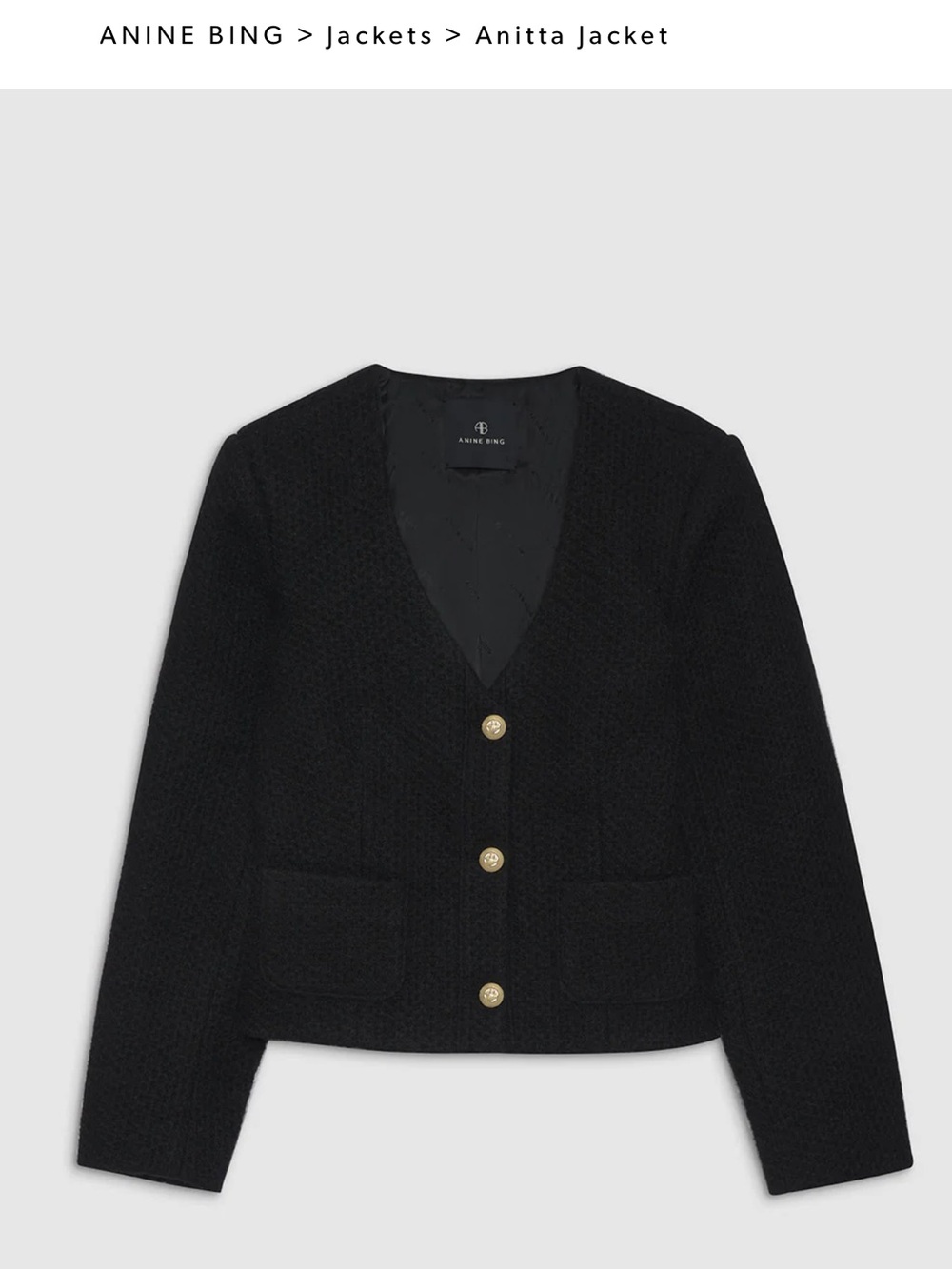 Anine Bing Black Tweed V-Neck Blazer with Gold Buttons